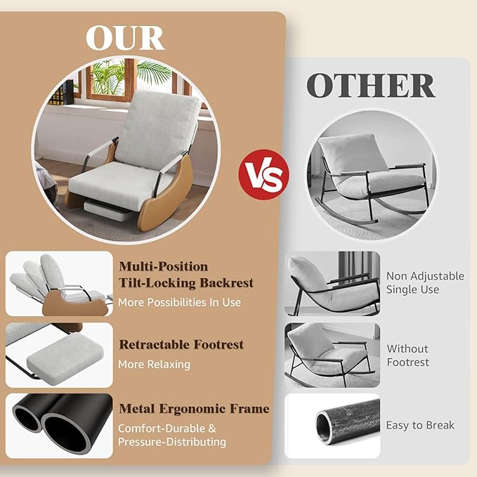 Upholstered Recliner Rocking Chair Nursery with Adjustable Backrest and Footrest, Comfy Corduroy Foldable Glider Chair for Bedroom & Living Room, Beige