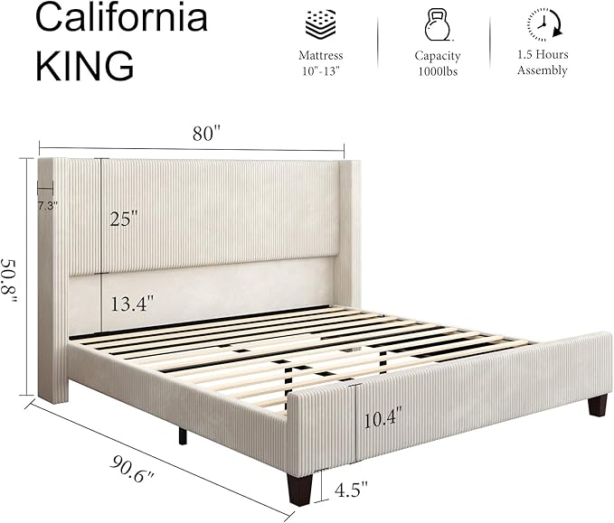 HOWE California King Size Upholstered Platform Bed Frame, Wingback Bed with 50.8" Headboard, Corduroy/Solid Wood Leg/No Box Spring Needed/Noise Free Sturdy Structure/Cream