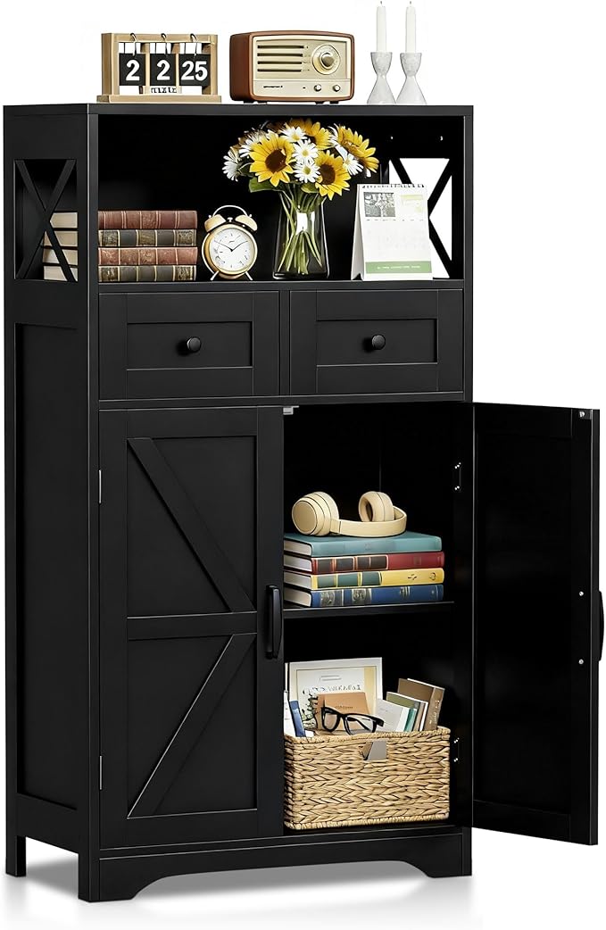 SUPER DEAL Farmhouse Storage Cabinet, Bathroom Floor Cabinet Kitchen Pantry with Doors and Drawers, Hutch Cupboard for Living Room, Bedroom, Laundry, Black