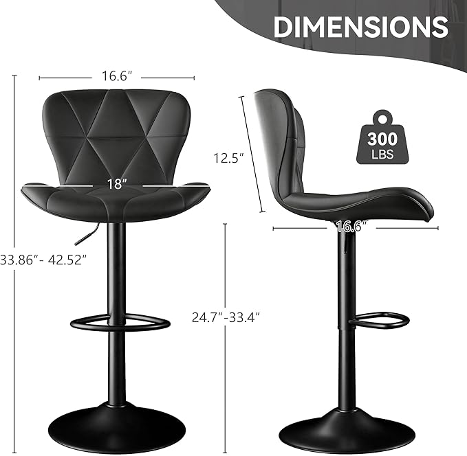 Bar Stools Set of 6,Adjustable Swivel Barstools, Faux Leather Bar Chairs,Upholstered Counter Height with High Backrest for Kitchen Island, Black