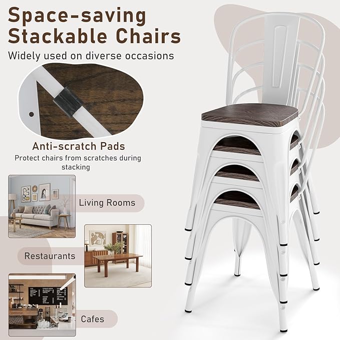 COSTWAY 18 Inch Dining Chair Set of 4, Industrial Vintage Stackable Metal Chairs, Counter Bar Chairs with High Backrest, Wood Seat, for Home, Kitchen and Cafe Bar Use