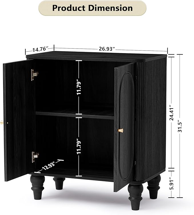 ORRD Fluted Storage Cabinet, Modern Credenza Wooden Accent Sideboard Buffet Cabinet with Adjustable Shelves and Solid Wood Legs, Console Table for Kitchen Dining Living Room Entryway, Black