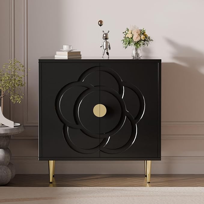 TOLEAD Modern Cabinet with Decorative Flower Pattern Doors - Accent Sideboard Buffet for Hallway, Living Room, Kitchen - Black