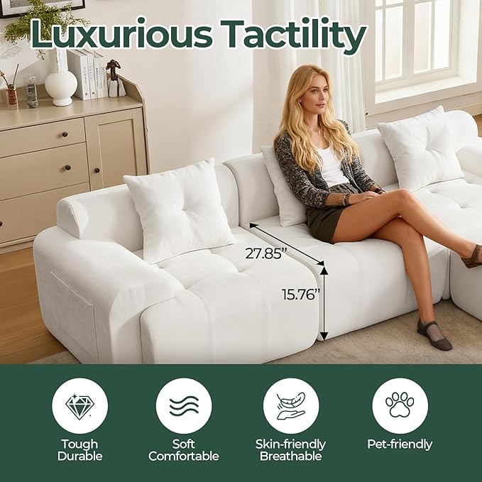 101.65” Modular Sectional Couch for Living Room, Modren L-Shape Cloud Sectional 3-Seater Sofa with Movable Ottoman, Woven Texture Upholstery Boneless Couch, No Assembly Grey, Beige