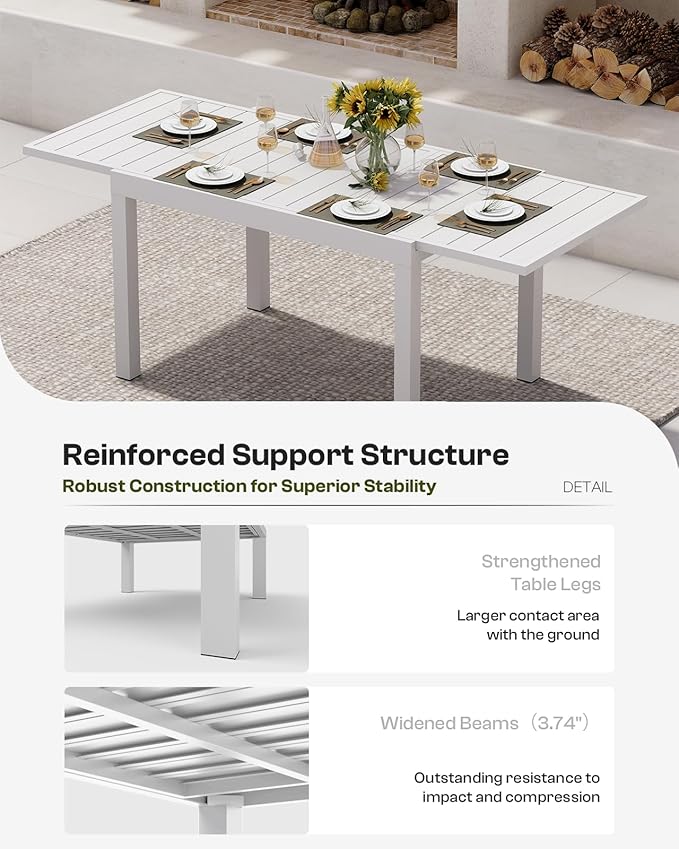 Expandable Outdoor Patio Dining Table Set for 6-8 Person, Aluminum Outdoor Table and 8 Chairs with Textilene Fabric & HDPS Armrest, All-Weather Patio Furniture Set for Yard, Garden, White