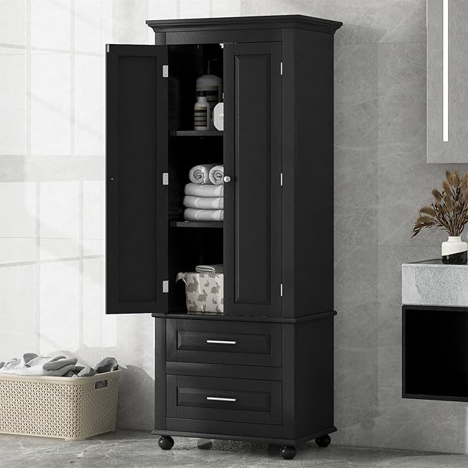 Polibi Tall Storage Cabinet with 2 Drawers, 3-Tier Adjustable Shelves & 2 Doors, Floor Freestanding Cabinet for Bathroom, Living Room, Black