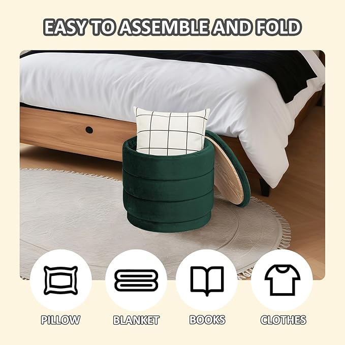 PINPLUS Round Velvet Ottoman Tray, Bottle Green Upholstered Decorative Accent for Footstool or Coffee Table, Removable Serving Surface