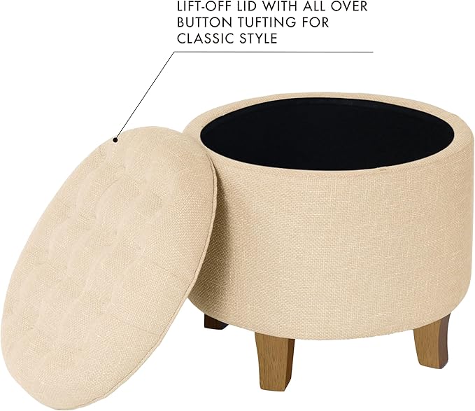 HomePop by Kinfine Fabric Upholstered Round Storage Ottoman - Button Tufted Ottoman with Removable Lid, Light Tan Textured Solid
