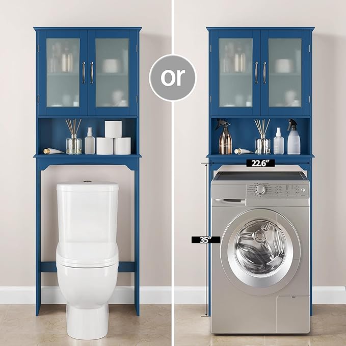 Yaheetech Over The Toilet Storage Cabinet, Free Standing Toilet Rack with Adjustable Shelves and Tempered Glass Doors for Bathroom Washroom, Navy Blue