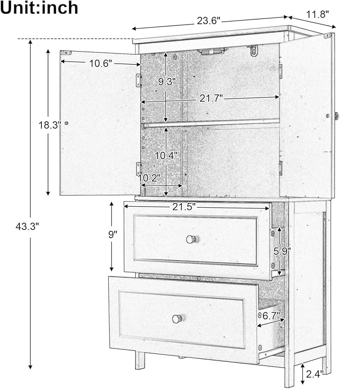 Polibi 43.3" H Storage Cabinet with 2 Doors, 2 Drawers, Adjustable Shelf, Wooden Linen Cabinet for Bathroom, Office, Kitchen, Black