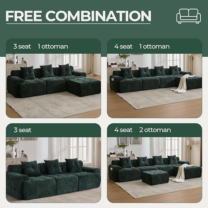 101.65” Modular Sectional Couch for Living Room, 3-Seater Cloud Sofa with Deep Seat, Woven Texture Upholstery Boneless Couch, No Assembly, Green