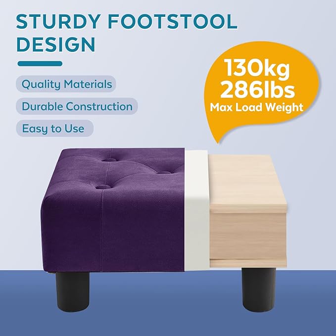Small Foot Stool Ottoman, Velvet Footstool Ottoman Foot Rest for Couch, Rectangle Footstools and Ottomans Small for Living Room, Entryway and Bedroom (Purple)