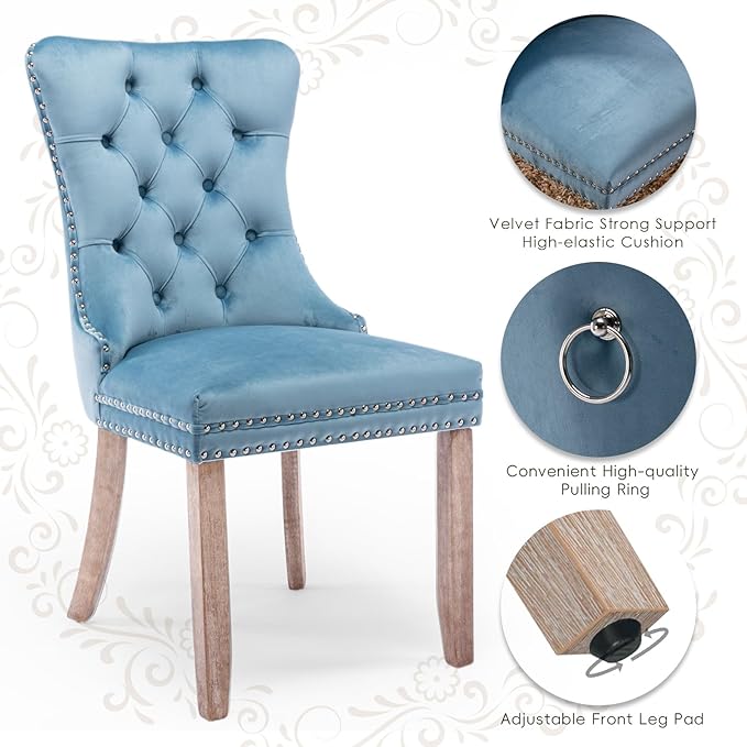 Velvet Upholstered Dining Chairs Set of 4, Modern Style Kitchen Side Chairs with Nailhead Trim and Wood Legs,Metal Pulling Ring for Dining Room Living Room(Sky Blue,Set of 4)