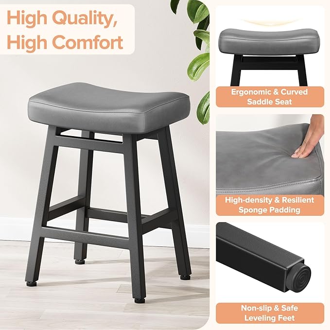 Counter Height Bar Stools Set of 2, 24 Inch Barstools for Kitchen Counter, Kitchen Stools with Bonded Leather Saddle Seats & Heavy Duty Metal Legs, Easy Assembly, Gray/Black