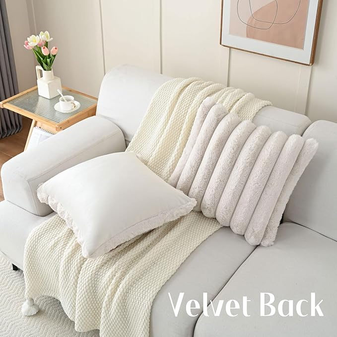 FUTEI Beige Decorative Throw Pillow Covers 16x16 Inch Set of 2, Square Soft Faux Rabbit Fur Thick Striped Cushion Cover,Winter Home Decor for Couch Bed Living Room