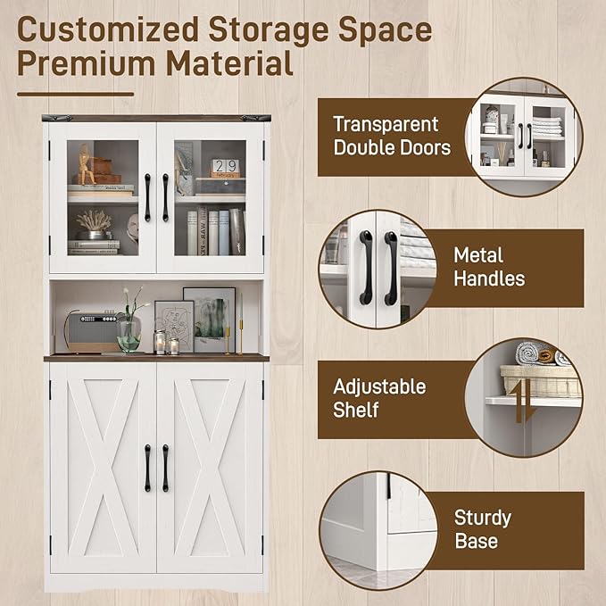 Bathroom Storage Cabinet with Adjustable Shelves, Farmhouse Kitchen Pantry, Rustic Style Cabinet