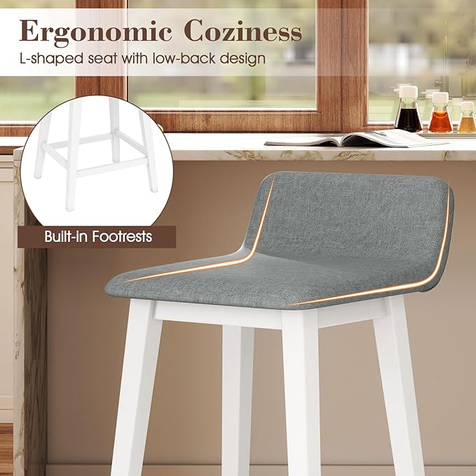 COSTWAY Wooden Counter Stools Set of 4, 24-inch Height Upholstered Padded Seat, Low Backrest, Footrest, Rubber Wood Legs, Armless Barstools for Kitchen Island, Dining Room, White+Gray