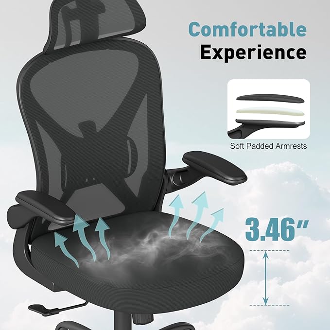 Ergonomic Office Chair Mesh Home Office Desk Chair with Adjustable Backrest and Headrest, Flip-up Armrests, Black