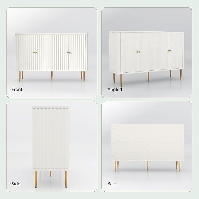 HLR Sideboard Buffet Cabinet, 48" Modern Accent Cabinet with 4 Door and Removable Shelves, Credenza with Storage for Living Room, Dinning Room, Entryway, White