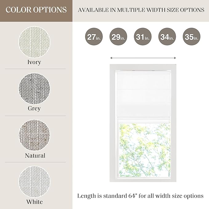 Madison Park Kyler Cordless Roman Shades - Single Panel, Lightweight Linen Blend Fabric, Natural Design, Easy Installation, Light Filtering Window Blind, Bedroom, Living Room Decor 34"W x 64"H White