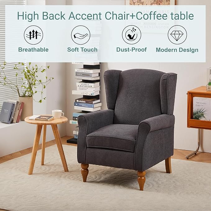 ZMAD Accent Chair, Upholstered High Back Floral Armchair Wood Legs, Comfy Wingback Reading Single Sofa Chair,Plus a Solid Wood Coffee Table for Small Spaces, Living Room, Bedroom (Antique Dark Grey)