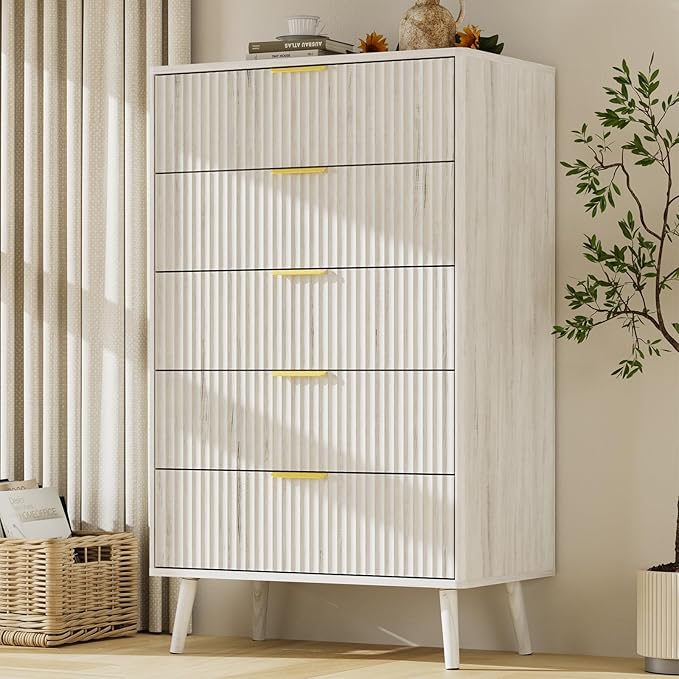 LYNSOM Fluted Dresser and Nightstand Sets 4 Piece, 2-Drawer Nightstands and 5/7 Drawers Dresser, Wood Bedroom Furniture Set for Home, Bedroom, Hallway, White