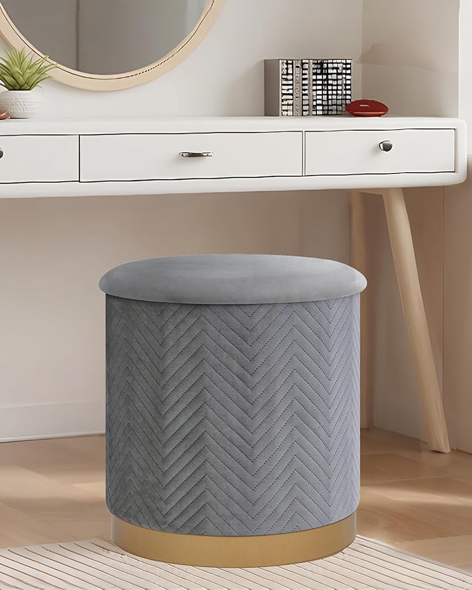 B FSOBEIIALEO Ottoman with Stroage, Round Velvet Storage Ottoman with Gold Plating Base,Foot Rest Stool for Dorm Room, Living Room Grey, 16.73"x16.73"x17.72"