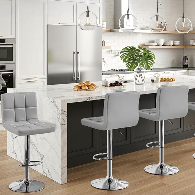 Yaheetech Bar Stools Set of 3, Adjustable PU Leather Swivel Barstools, Modern Counter Stools with Back and Footrest, Counter Height Barstools for Bar, Kitchen, Dining Room, Light Grey