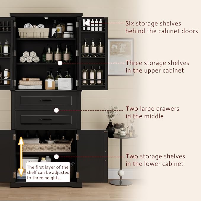 Tall Storage Cabinet, Bathroom Floor Freestanding Storage Cabinet with 2 Doors, Adjustable Shelf, and 2 Drawers for Bathroom, Office, Living Room, MDF Board, Black