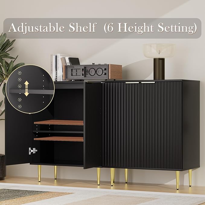EOYUTLLY Black Fluted Storage Cabinet,Wood Sideboard Buffet Cabinet with Adjustable Shelf, Fluted Accent Cabinet with Gold Metal Legs, Console Table for Living Room,Dining Room,Kitchen