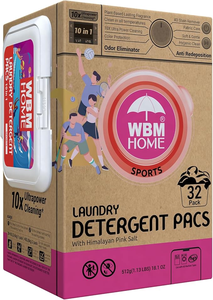 WBM Laundry Detergent Pods, Autumn Scent – 32 Pods in Recycleable Packaging for 10x Ultra Power Cleaning, Odor Defense for Activewear & Sports Shirts
