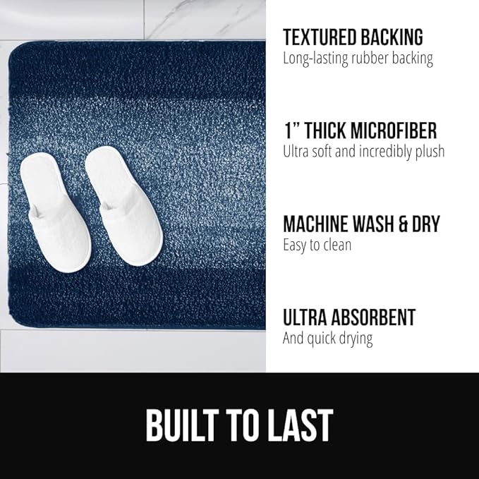 GORILLA GRIP Ultra Soft Plush Bathroom Rugs with Textured Rubber Backing, Absorbent Quick Dry Bath Mat, Machine Washable Shower Mats, Home Décor Accessories Bathmat Rug Essentials, 30 x 18 Navy