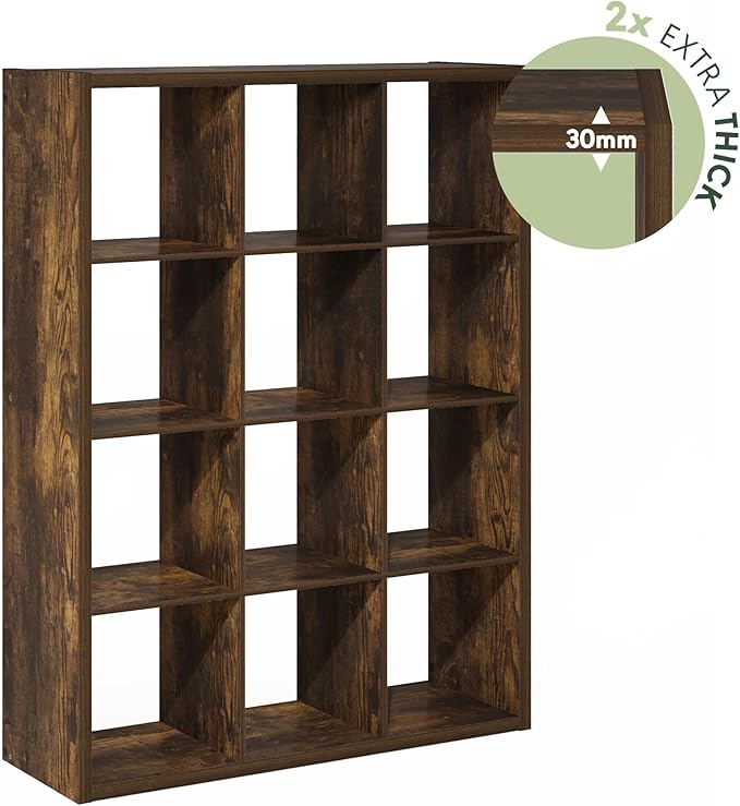 Furinno Cubicle Book Shelf, 12-Cube Thick Frame Bookshelf, Reversible Bookcase with Open Back, 14.6 x 43.8 x 58, for Living Room, Bedroom, Home Office, Amber Pine
