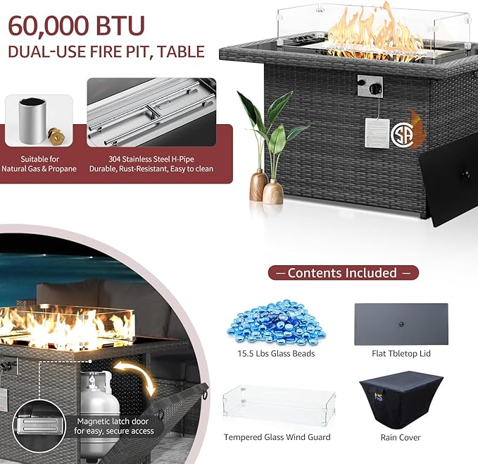 NICESOUL 13 Piece Outside Patio Set with Fire Pit Table, Non-Fading All Weather Deck Furniture Sets with Sun Loungers, Comfy Big Exterior Seat 10-Seater for Garden, Grey Wicker & Burgundy Cushion