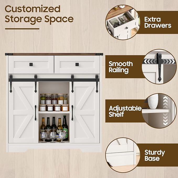 Farmhouse Storage Cabinet With Sliding Barn Doors and Drawers for Bathroom, Kitchen, Living Room - Rustic Style Floor Storage, White