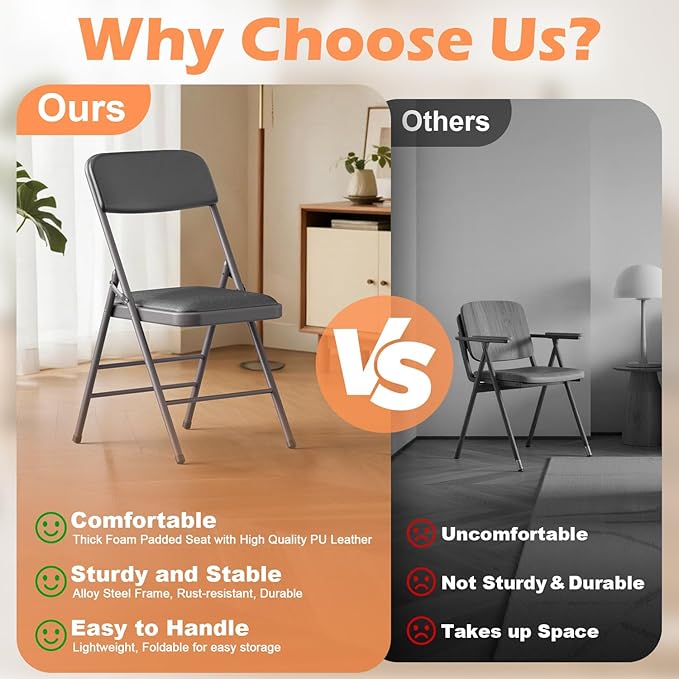 Folding Chairs 4 Pack with Padded Cushion and Back, Metal Folding Chairs with Comfortable Cushion and Durable Steel Frame Capacity for Home, Office, Party and Outdoor Events (PU-Grey, 4 Pack)