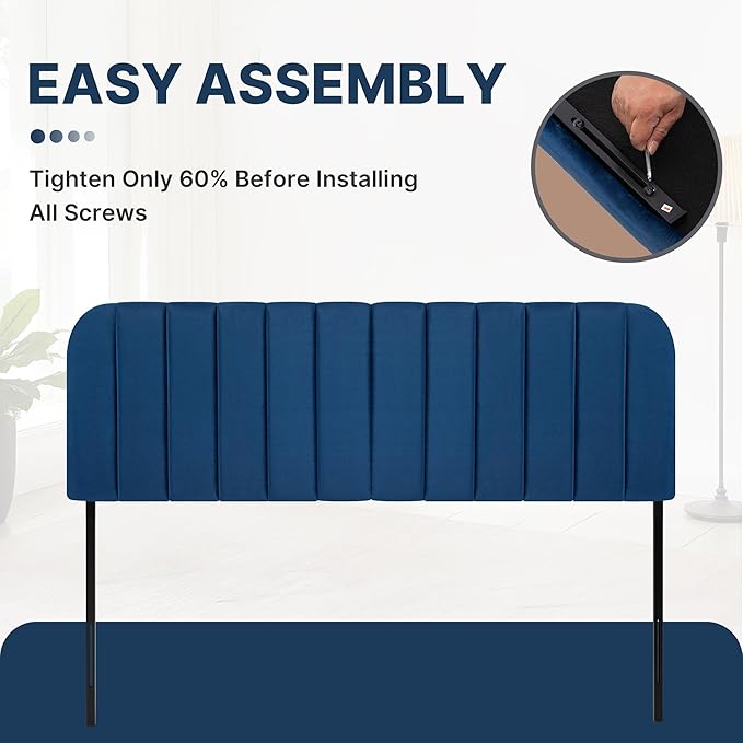 Upholstered Headboard - Striped Interval - Adjustable Height - Metal Legs - Bed Frame (Blue, Queen (U.S. Standard))
