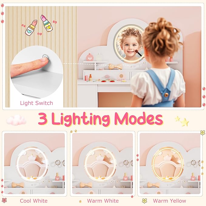 Costzon Kids Vanity, Girls Vanity Set with Lighted Mirror, Bookshelf, Drawers, Hooks & Storage Shelves, Toddler Makeup Vanity Desk Dressing Table, Wooden Kids Vanity Table and Chair Set (White)