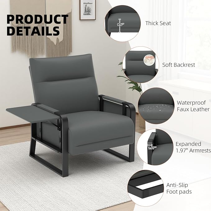 Upholstered Accent Chairs Set of 2, Modern Faux Leather Sofa Chairs with Foldable Side Tray Table & Storage Pocket, Small Accent Sofas for Living Room, Bedroom, Gray