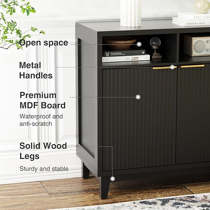 Buffet Cabinet with Storage - Elegant Fluted Storage Cabinet with Adjustable Shelves and Solid Wood Leg, Modern Buffet Sideboard for Living Room, Dining Room, Entryway