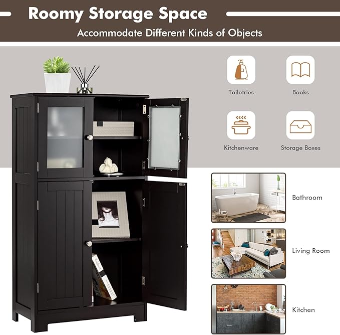 LOKO Bathroom Floor Cabinet, Storage Organizer with Glass Doors, Wooden Kitchen Cupboard with Adjustable Shelf, Versatile Floor Storage Cabinet for Bathroom, Living Room & Kitchen (Black)