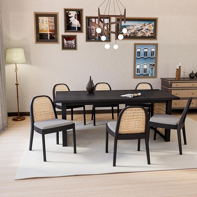 Rattan Dining Chairs Set of 6, Modern Dining Room Chairs with Cane Back Comfy Accent Kitchen Chair Upholstered Linen Fabric Chair for Restaurant/Living Room, Grey