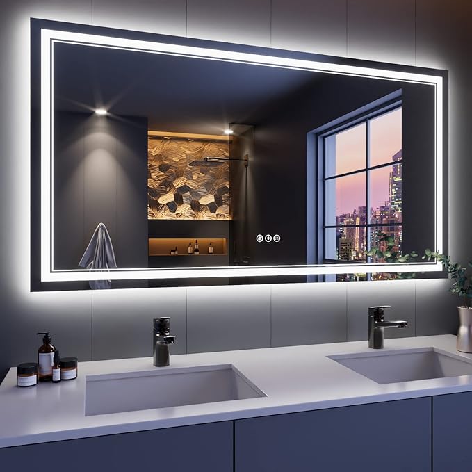 55x30 Inch LED Bathroom Mirror, Backlit and Front Light Anti-Fog Dimmable Memory Lighted Vanity Mirror, Large Shatterproof Wall-Mounted Led Mirror for Bathroom