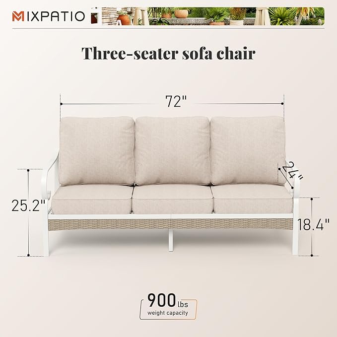 Patio Furniture Sofa, 3-Seat Patio Sofa Steel Frame Outdoor Sectional Couch with Deep Seating and 5.5” Cushions for Lawn Backyard Porch Deck, Beige