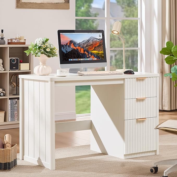 48" Modern Fluted Executive Desk with Storage Cabinet, White Wood Home Office Desk with File Drawer & Metal Handles, Large Computer Writing Table for Office,Study, Living Room, Bedroom