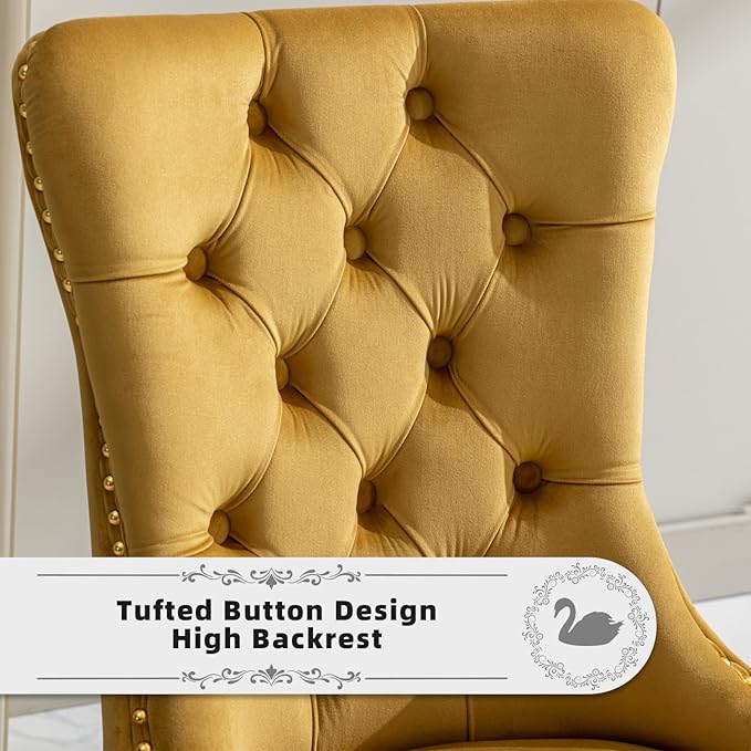 Velvet Upholstered Dining Chairs Set of 6, Modern Style Kitchen Side Chairs with Nailhead Trim and Gold Plated Leg, Metal Pulling Ring for Dining Room Living Room(Gold-Gold Plated Leg)