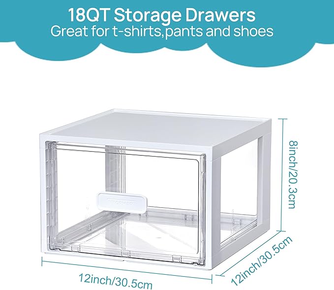 Vtopmart 4 Pack 18QT White Stackable Storage Drawers,Easily Assemble Acrylic Closet Organizers,Plastic Storage Bins for Bathroom,Cabinet,Kitchen Pantry,Under Sink Organization