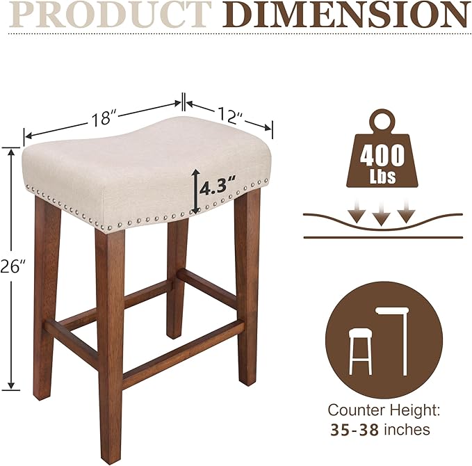 PrimeZone Counter Height Bar Stools Set of 4 - Backless Saddle Barstools with 4.3" Thick Upholstered, Nailhead Trim Linen Fabric & Solid Wood Legs, 26 Inch Counter Stools for Kitchen Island, Beige