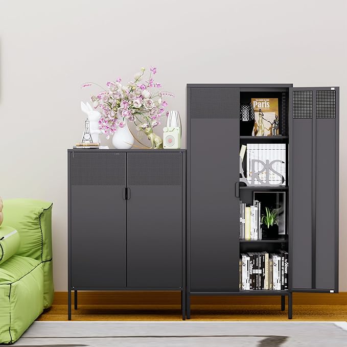 61 Inches Metal Storage Cabinet with Doors and Shelves, 4 Tier Kitchen Pantry Cabinet, Metal Cabinet for Home Office, Dinning Room, Laundry Room, Living Room, Bathroom and Utility Room (Black)