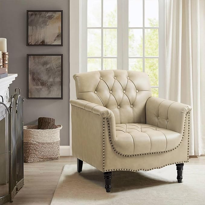Faux Leather Accent Chair, PU Leather Modern Comfy Upholstered Armchair with Wood Legs & Nailhead Trim for Living Room, Bedroom (Beige,Set of 2)